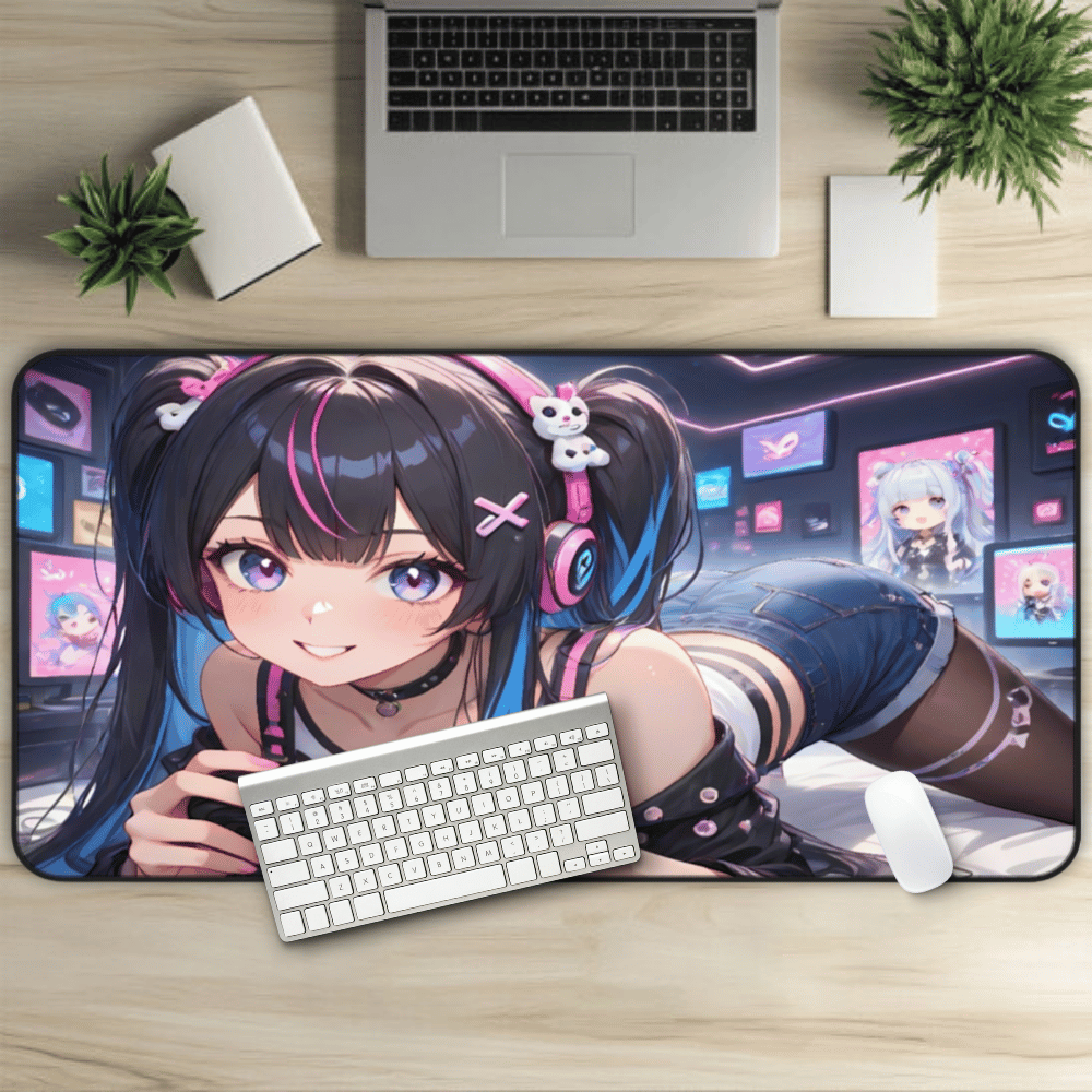 Sexy Anime Gamer Waifu Playing Video Games Desk Mat with anime girl art, desk mat, waifu, gamer, cute, aesthetic, anime setup