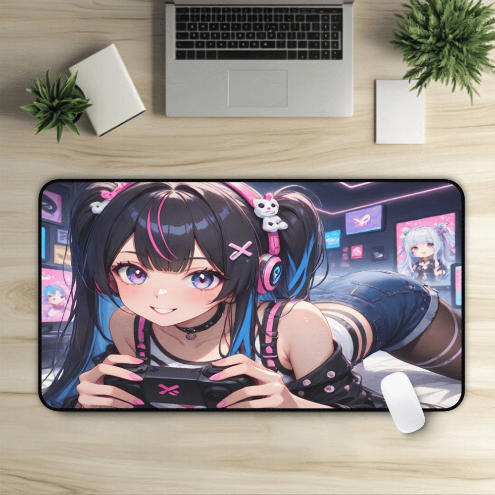 Sexy Anime Gamer Waifu Playing Video Games Desk Mat with anime girl art, desk mat, waifu, gamer, cute, aesthetic, anime setup