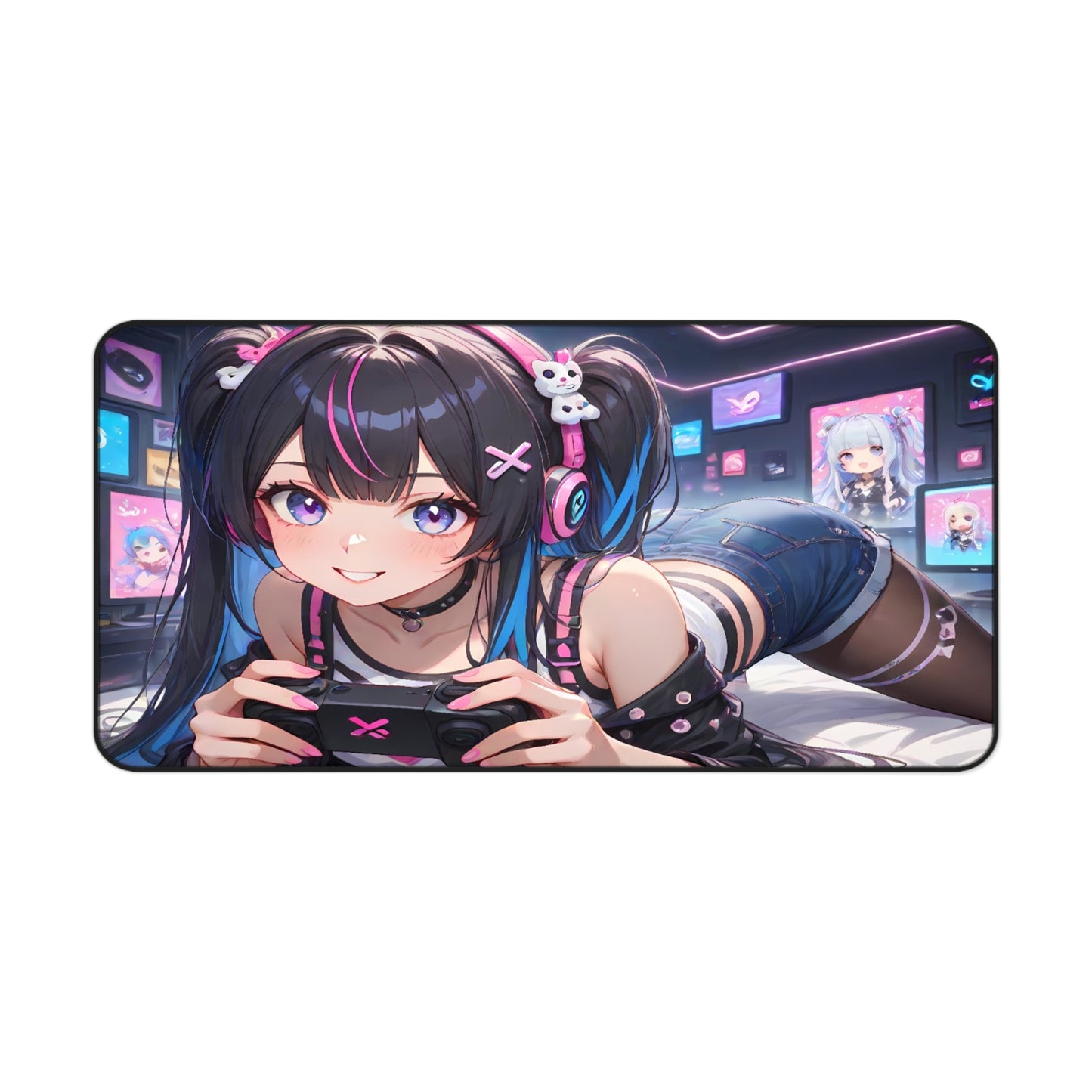 Sexy Anime Gamer Waifu Playing Video Games Desk Mat with anime girl art, desk mat, waifu, gamer, cute, aesthetic, anime setup