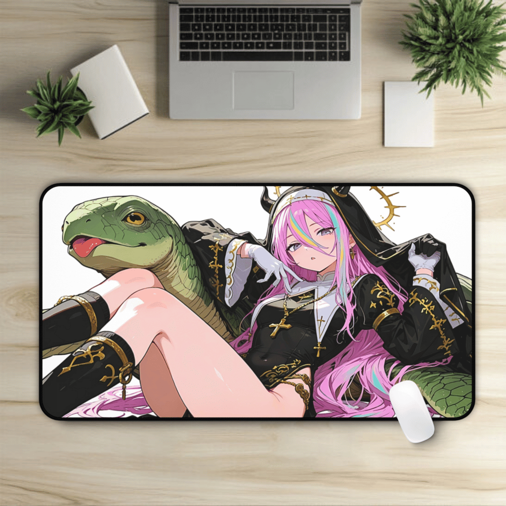 Fantasy hentai desk mat with lewd anime style, slutty nun anime girl lewd artwork