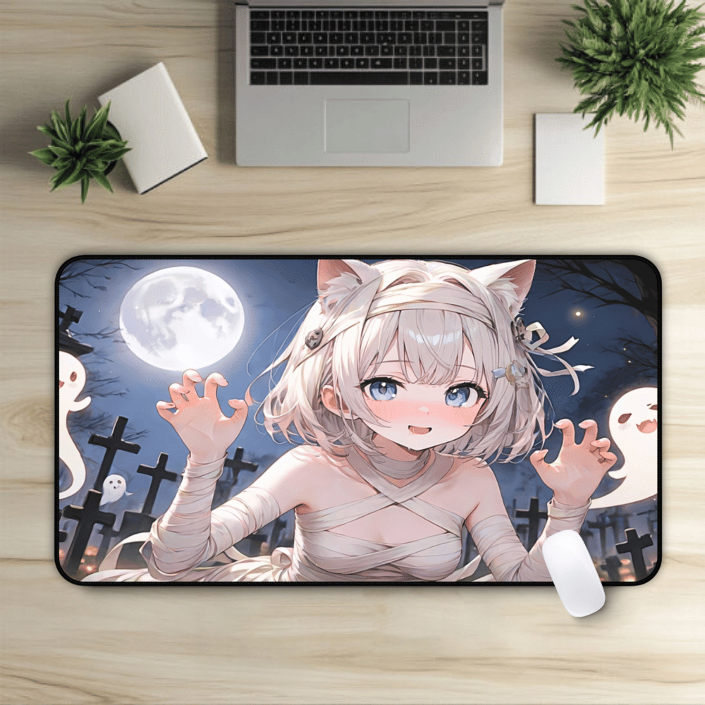 Mummy Catgirl Anime Desk Mat "Spooky Cutie" with anime girl art, desk mat, waifu, gamer, cute, aesthetic, anime setup