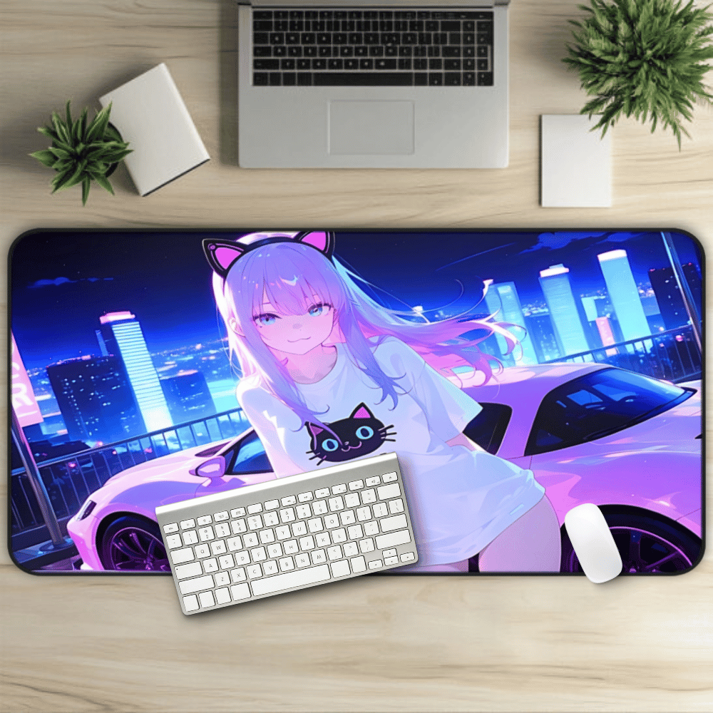 Desk mat featuring a catgirl and futuristic skyline