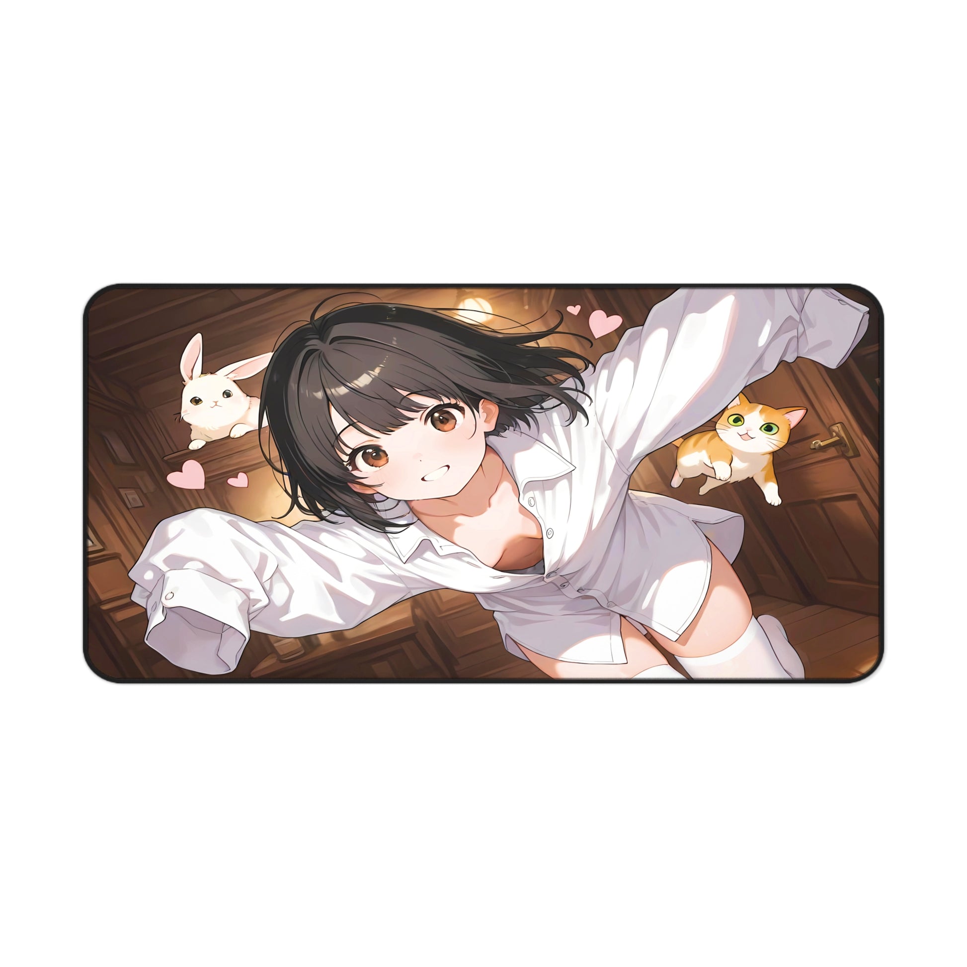 Cozy desk mat with anime girl and animal friends in a cute pink bedroom