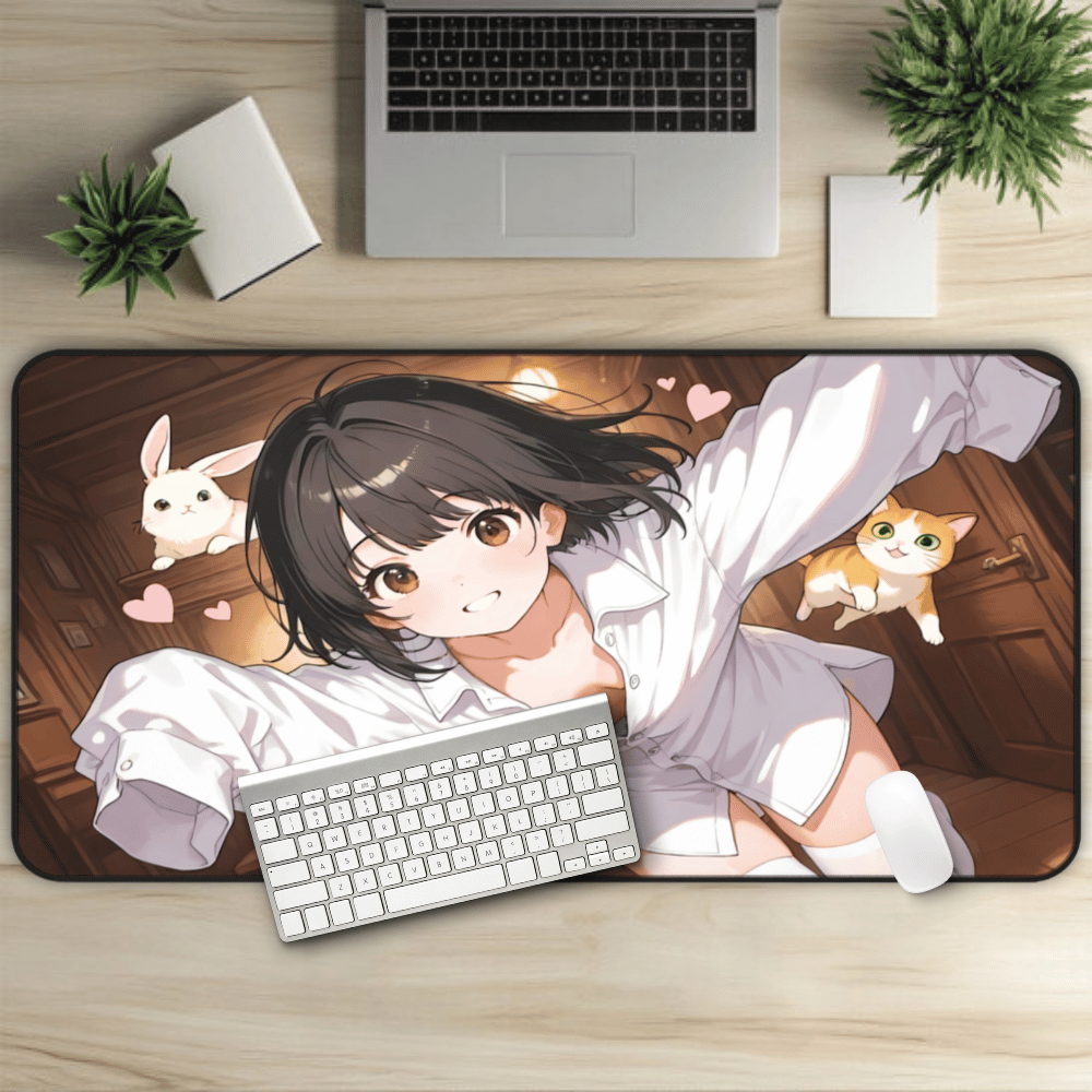 Kawaii themed anime girl desk mat with adorable bedroom pets and soft colors