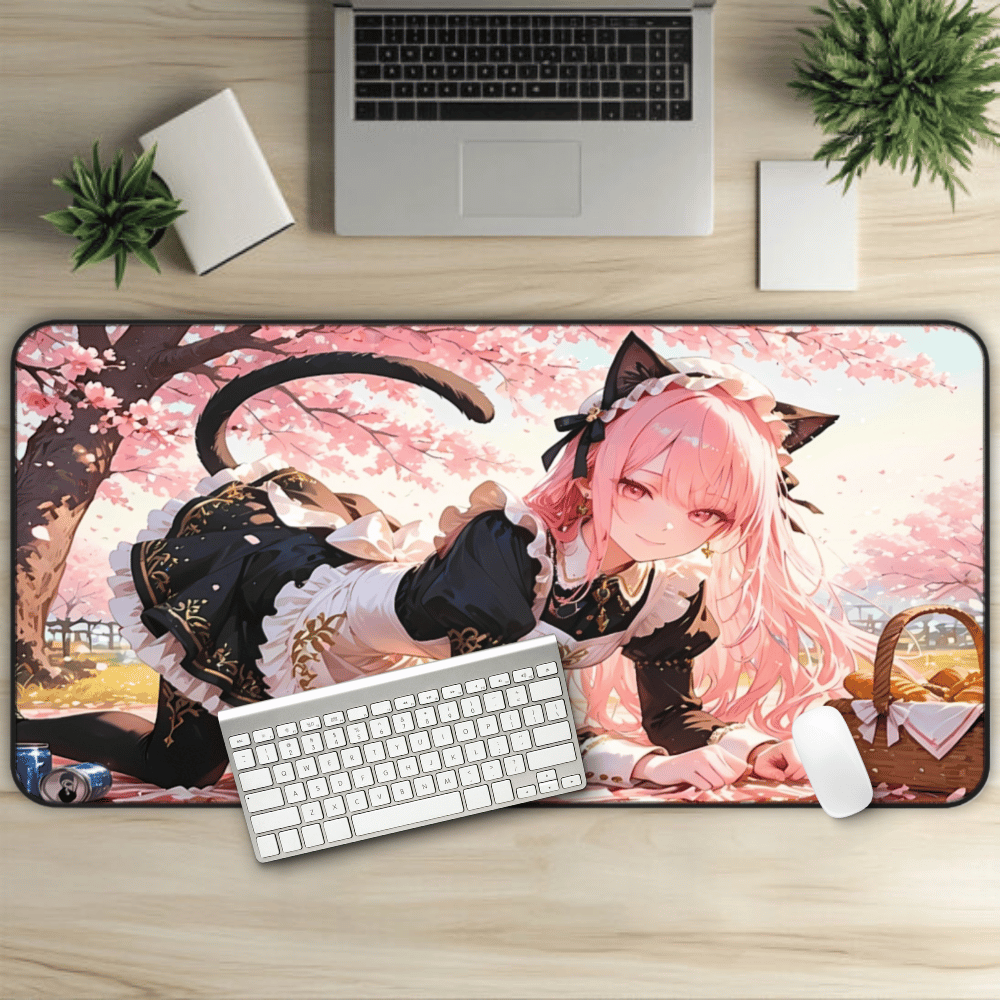 Anime catgirl with soft pink background and flowers sexy waifu