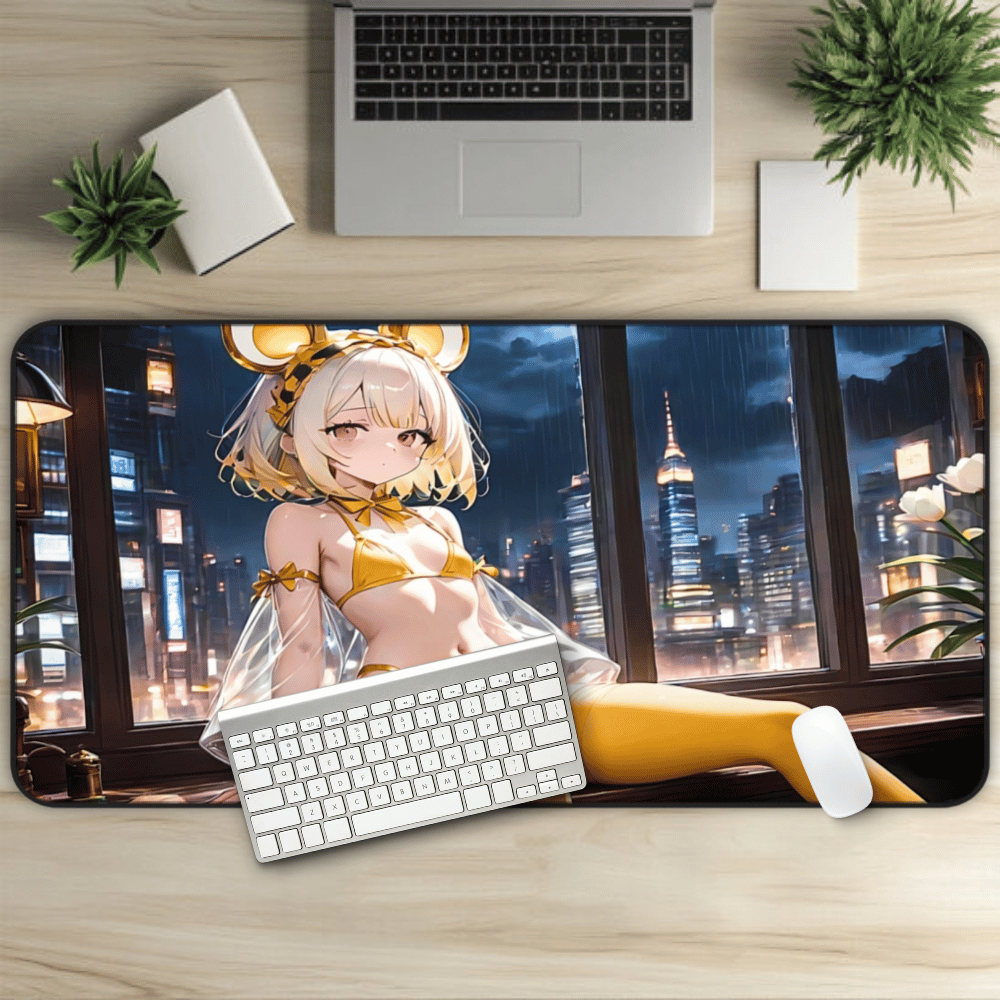 Playful mouse-themed anime girl in yellow lounging by a cityscape in the background