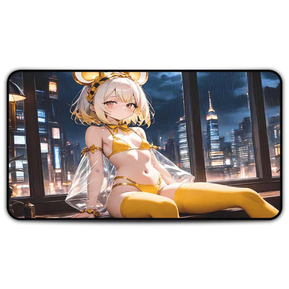 Blonde anime girl in yellow lingerie with mouse ears sitting by a window overlooking a city skyline