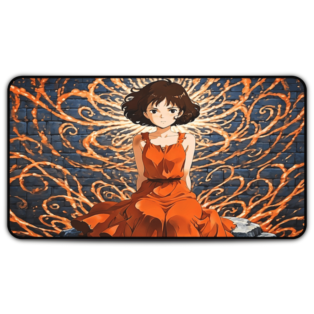 Yumeko – Ember Lotus & Silken Flame Desk Mat anime desk mat with dreamy waifu illustration in classic anime style, featuring a beautiful Japanese anime girl and soft aesthetic design