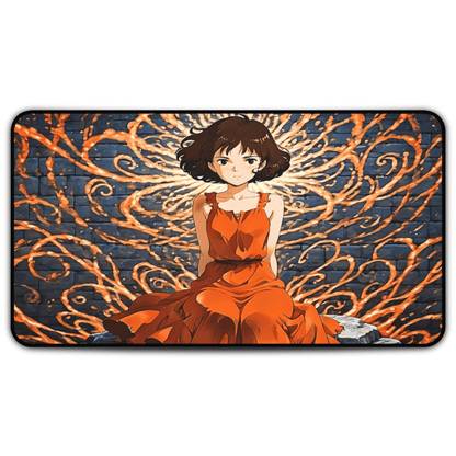 Yumeko – Ember Lotus & Silken Flame Desk Mat anime desk mat with dreamy waifu illustration in classic anime style, featuring a beautiful Japanese anime girl and soft aesthetic design