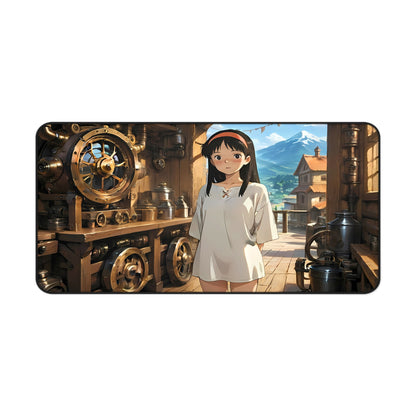 Yumeko – Beautiful Dark Haired Steampunk Waifu Desk Mat anime desk mat with dreamy waifu illustration in classic anime style, featuring a beautiful Japanese anime girl and soft aesthetic design