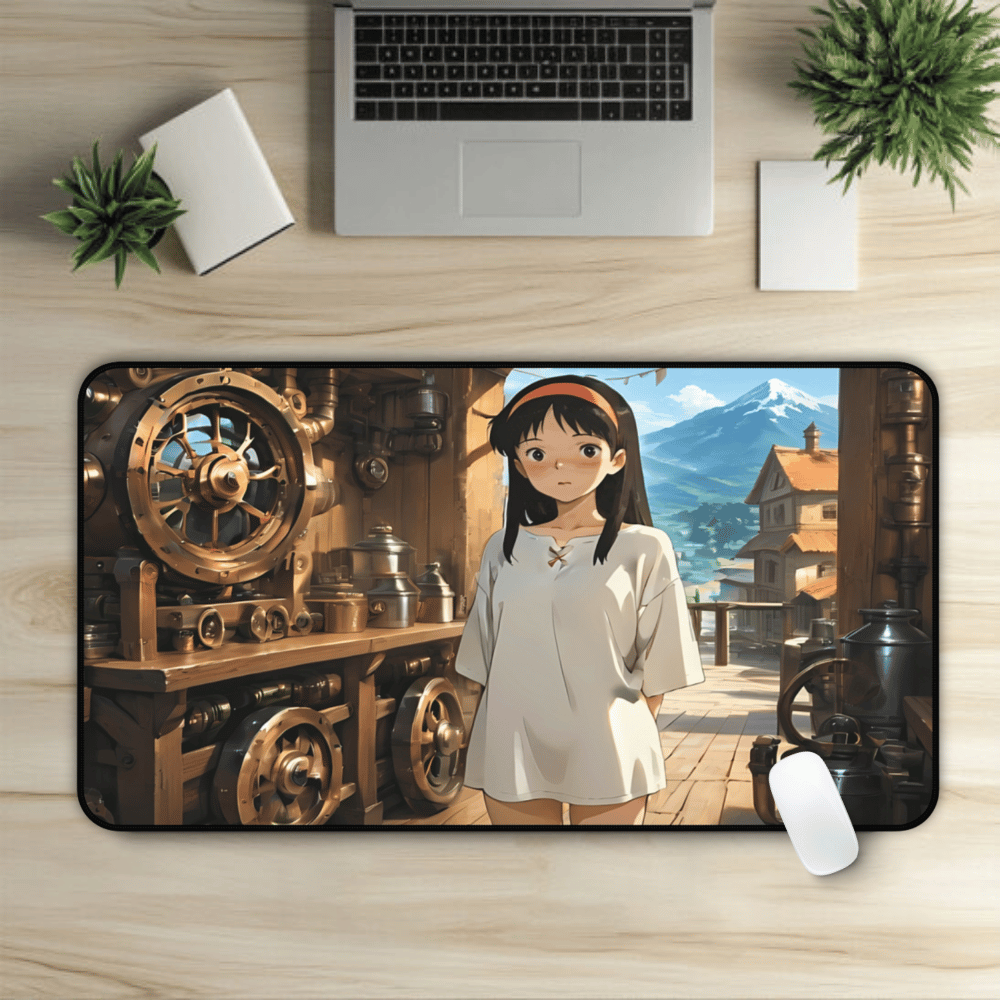 Yumeko – Beautiful Dark Haired Steampunk Waifu Desk Mat anime desk mat with dreamy waifu illustration in classic anime style, featuring a beautiful Japanese anime girl and soft aesthetic design
