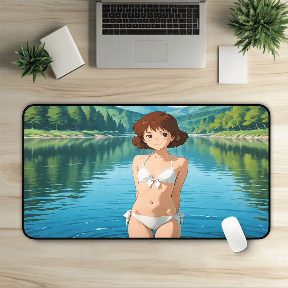 Yumeko – Classic White Bikini Anime Waifu Summer Desk Mat anime desk mat with dreamy waifu illustration in classic anime style, featuring a beautiful Japanese anime girl and soft aesthetic design