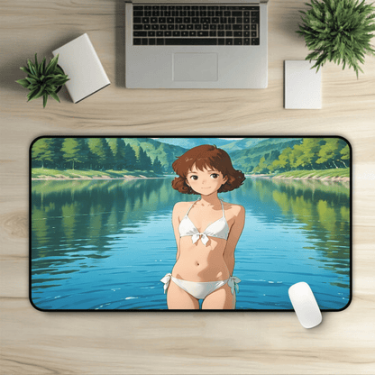 Yumeko – Classic White Bikini Anime Waifu Summer Desk Mat anime desk mat with dreamy waifu illustration in classic anime style, featuring a beautiful Japanese anime girl and soft aesthetic design