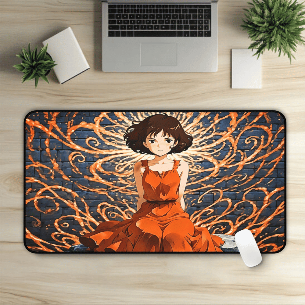 Yumeko – Ember Lotus & Silken Flame Desk Mat anime desk mat with dreamy waifu illustration in classic anime style, featuring a beautiful Japanese anime girl and soft aesthetic design