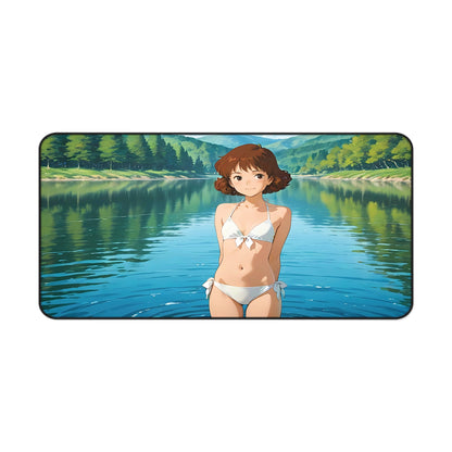 Yumeko – Classic White Bikini Anime Waifu Summer Desk Mat anime desk mat with dreamy waifu illustration in classic anime style, featuring a beautiful Japanese anime girl and soft aesthetic design
