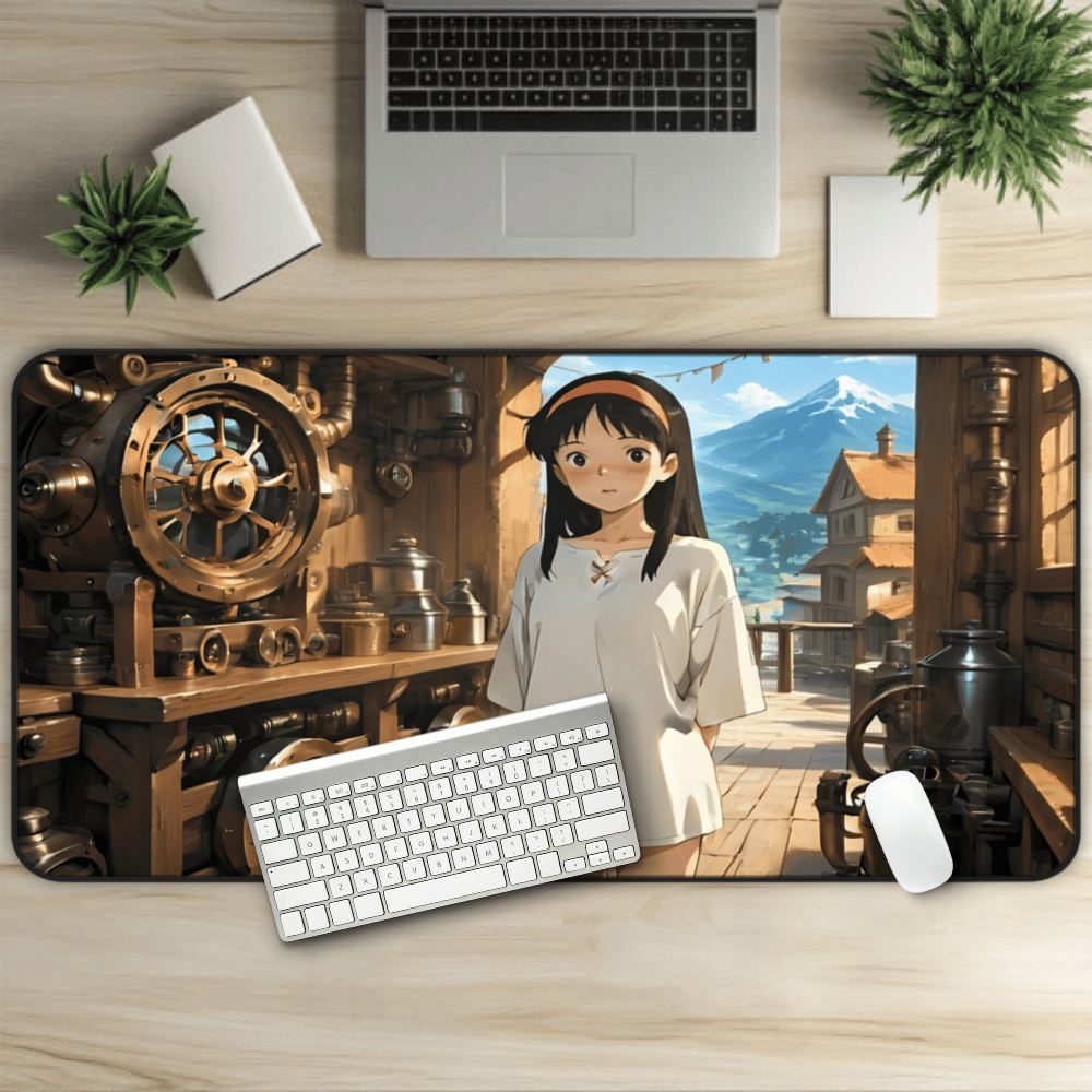 Yumeko – Beautiful Dark Haired Steampunk Waifu Desk Mat anime desk mat with dreamy waifu illustration in classic anime style, featuring a beautiful Japanese anime girl and soft aesthetic design