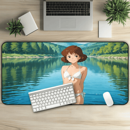 Yumeko – Classic White Bikini Anime Waifu Summer Desk Mat anime desk mat with dreamy waifu illustration in classic anime style, featuring a beautiful Japanese anime girl and soft aesthetic design