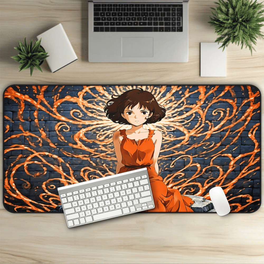 Yumeko – Ember Lotus & Silken Flame Desk Mat anime desk mat with dreamy waifu illustration in classic anime style, featuring a beautiful Japanese anime girl and soft aesthetic design