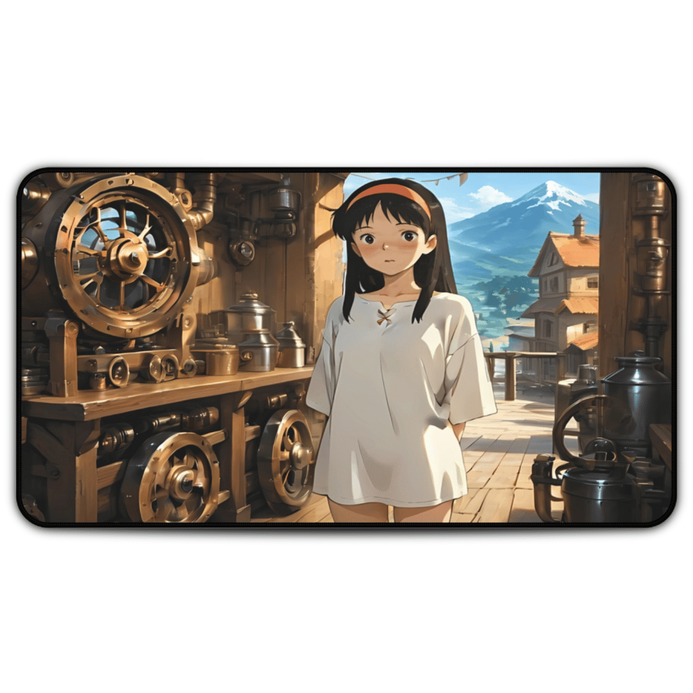 Yumeko – Beautiful Dark Haired Steampunk Waifu Desk Mat anime desk mat with dreamy waifu illustration in classic anime style, featuring a beautiful Japanese anime girl and soft aesthetic design