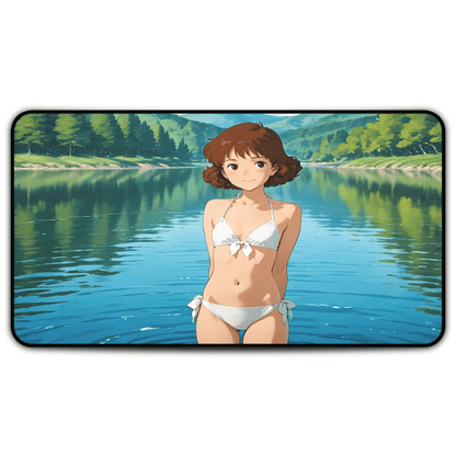 Yumeko – Classic White Bikini Anime Waifu Summer Desk Mat anime desk mat with dreamy waifu illustration in classic anime style, featuring a beautiful Japanese anime girl and soft aesthetic design