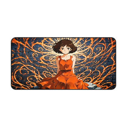 Yumeko – Ember Lotus & Silken Flame Desk Mat anime desk mat with dreamy waifu illustration in classic anime style, featuring a beautiful Japanese anime girl and soft aesthetic design