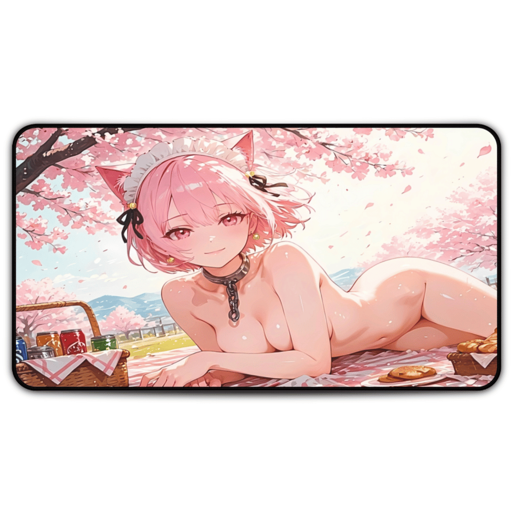 Pink-haired anime cat maid posing under cherry blossoms on picnic-themed desk mat large breasts naked sexy lewd waifu mousepad