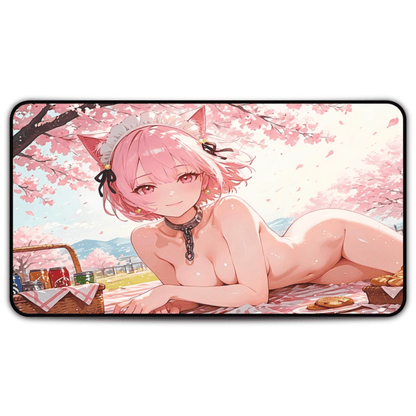 Pink-haired anime cat maid posing under cherry blossoms on picnic-themed desk mat large breasts naked sexy lewd waifu mousepad