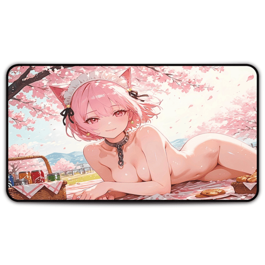 Pink-haired anime cat maid posing under cherry blossoms on picnic-themed desk mat large breasts naked sexy lewd waifu mousepad