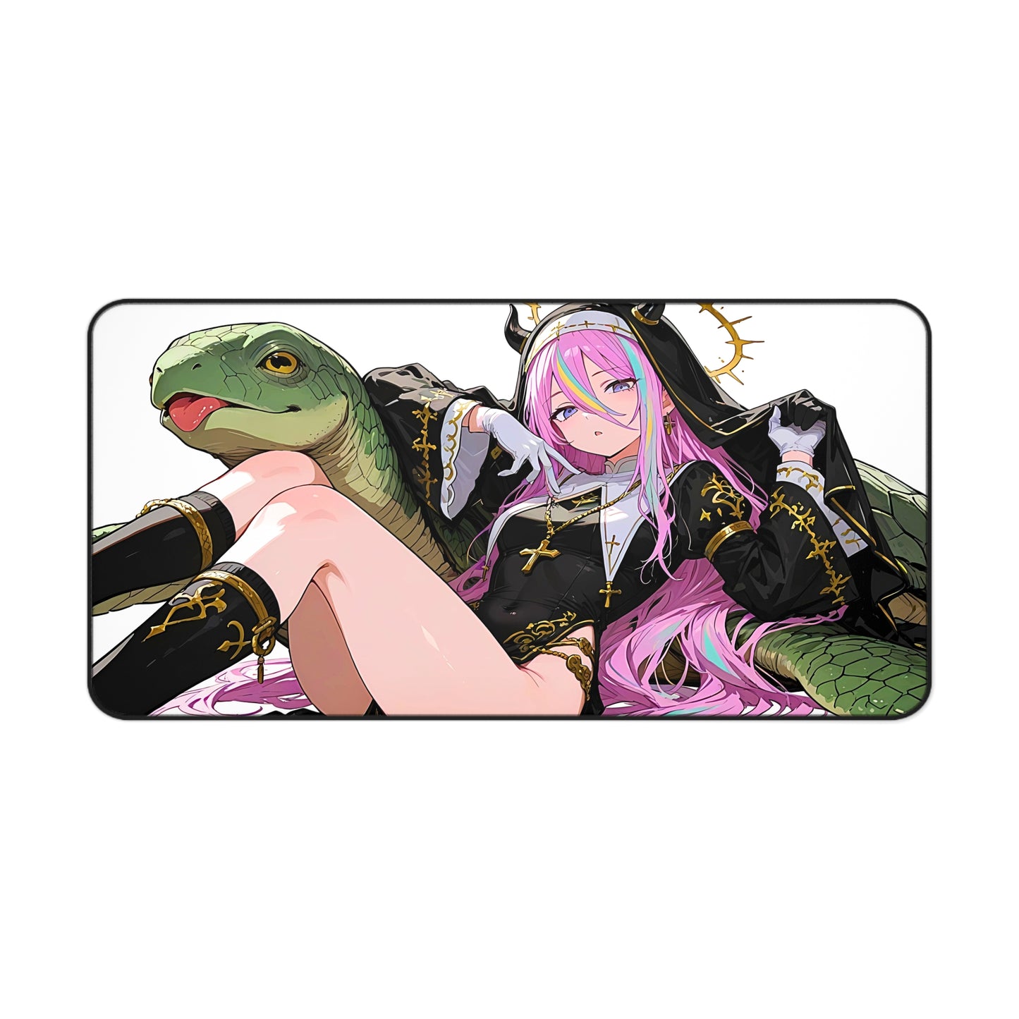 Desk Mat with sexy anime girl slutty nun lewd hentai artwork giant pet turtle purple hair anime girl thick thighs perfect ass best lewd anime desk mats