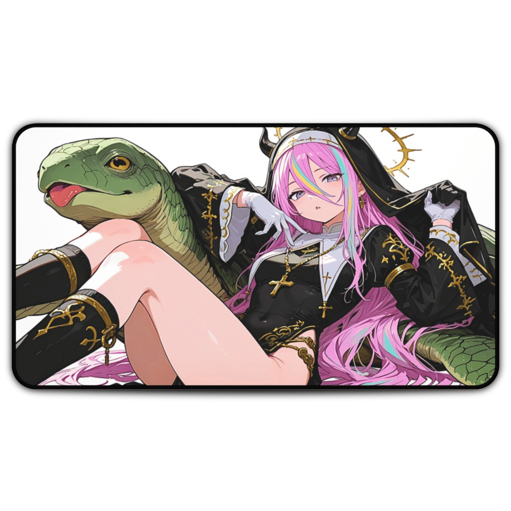 Desk Mat with sexy anime girl slutty nun lewd hentai artwork giant pet turtle purple hair anime girl thick thighs perfect ass