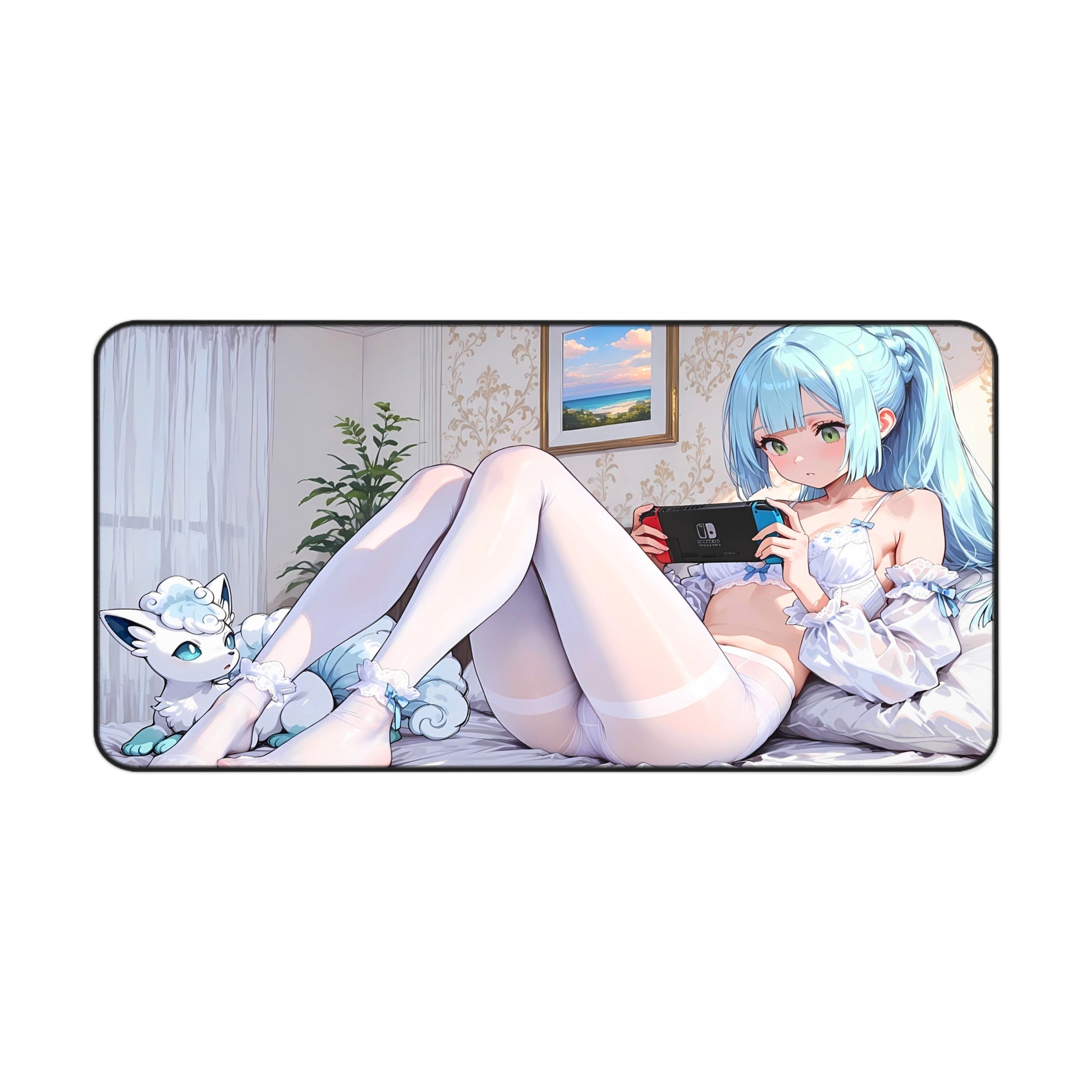 Bedtime Gamers – Aqua Haired Waifu In White Pantyhose Desk Mat anime desk mat showcasing detailed waifu artwork with popular design elements
