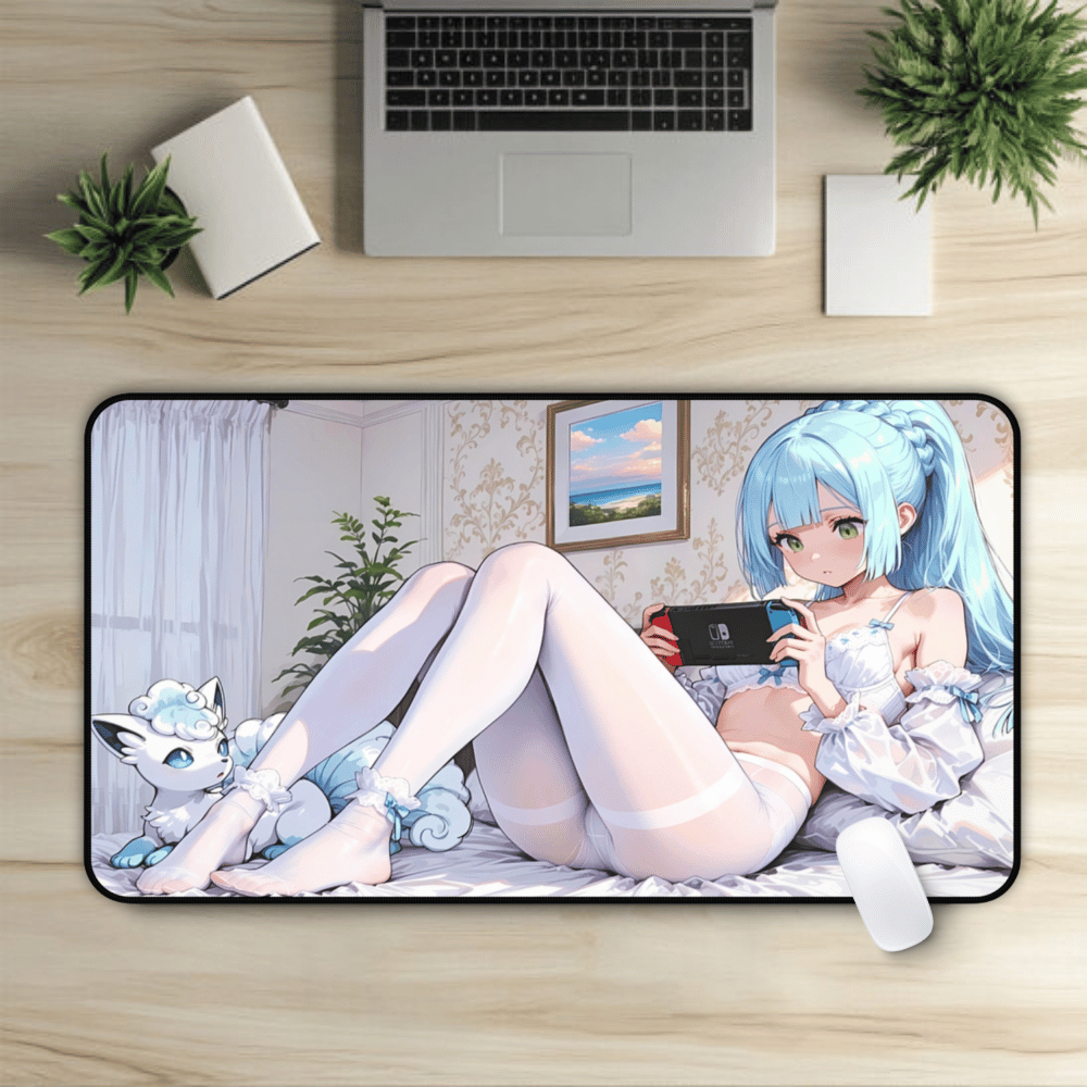 Bedtime Gamers – Aqua Haired Waifu In White Pantyhose Desk Mat anime desk mat showcasing detailed waifu artwork with popular design elements