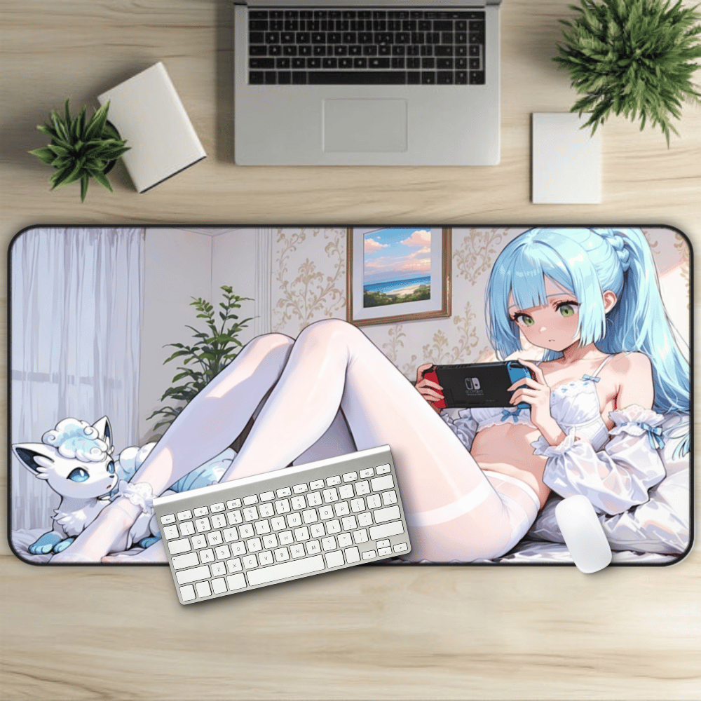 Bedtime Gamers – Aqua Haired Waifu In White Pantyhose Desk Mat anime desk mat showcasing detailed waifu artwork with popular design elements