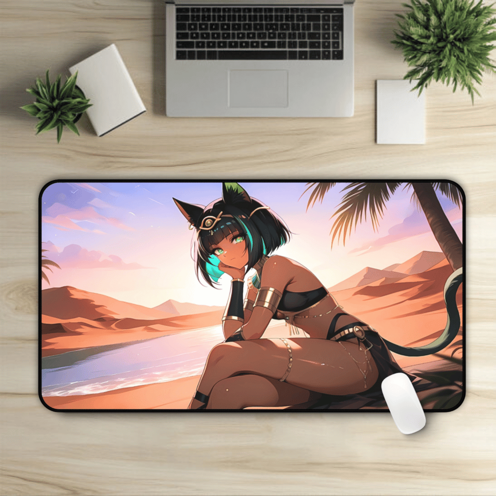Egyptian Sunset Cat Princess Anime Desk Mat with anime girl art, desk mat, waifu, gamer, cute, aesthetic, anime setup, exotic waifu, brown, arab, anubis, catgirl, neko, thigs, hentai, nude, naked, ecchi, fan art, playmat, mousepad, sunset, nile river, majestic, melancholic, priestess, ancient, temple