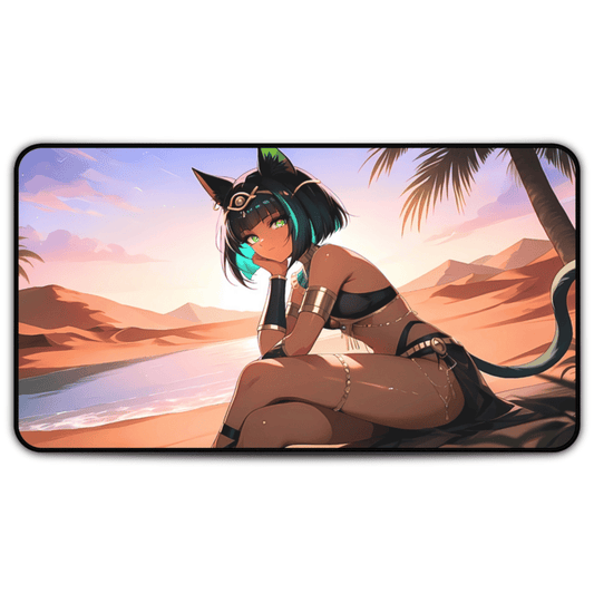 Egyptian Sunset Cat Princess Anime Desk Mat with anime girl art, desk mat, waifu, gamer, cute, aesthetic, anime setup, exotic waifu, brown, arab, anubis, catgirl, neko, thigs, hentai, nude, naked, ecchi, fan art, playmat, mousepad, sunset, nile river, majestic, melancholic