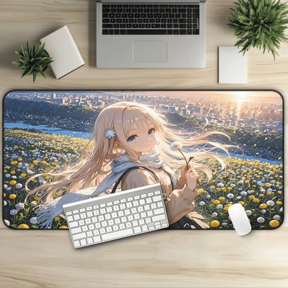 Hana No Uta – Blonde Girl & Golden Petals Anime Desk Mat with anime girl art, desk mat, waifu, gamer, cute, aesthetic, anime setup, gorgeous, majestic, melancholic, young, waifu, playmat, mousepad, dandelion, long sleeve, blonde hair, hair flower, sunset, vibrant, colors, flower girl, soft, gentle gift, anniversary present