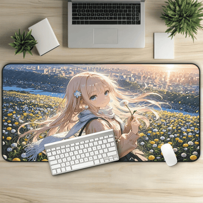 Hana No Uta – Blonde Girl & Golden Petals Anime Desk Mat with anime girl art, desk mat, waifu, gamer, cute, aesthetic, anime setup, gorgeous, majestic, melancholic, young, waifu, playmat, mousepad, dandelion, long sleeve, blonde hair, hair flower, sunset, vibrant, colors, flower girl, soft, gentle gift, anniversary present