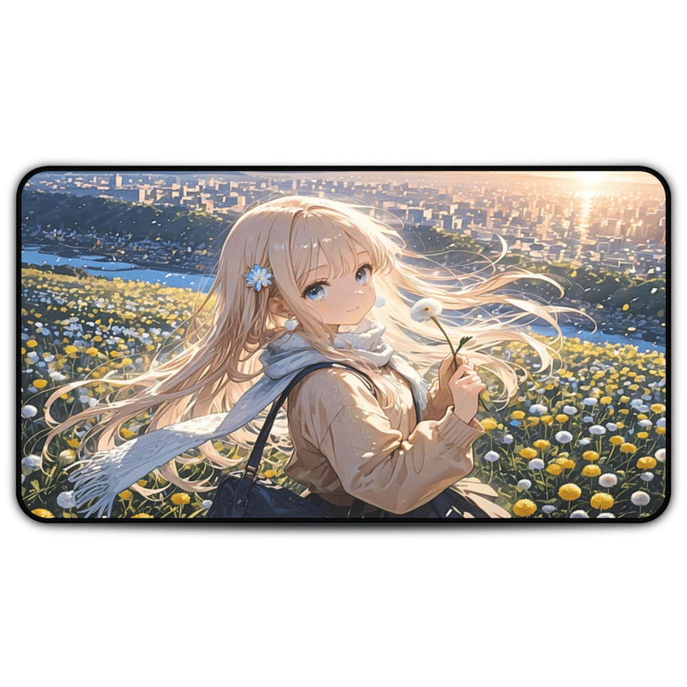 Hana No Uta – Blonde Girl & Golden Petals Anime Desk Mat with anime girl art, desk mat, waifu, gamer, cute, aesthetic, anime setup, gorgeous, majestic, melancholic, young, waifu, playmat, mousepad, dandelion, long sleeve, blonde hair, hair flower, sunset
