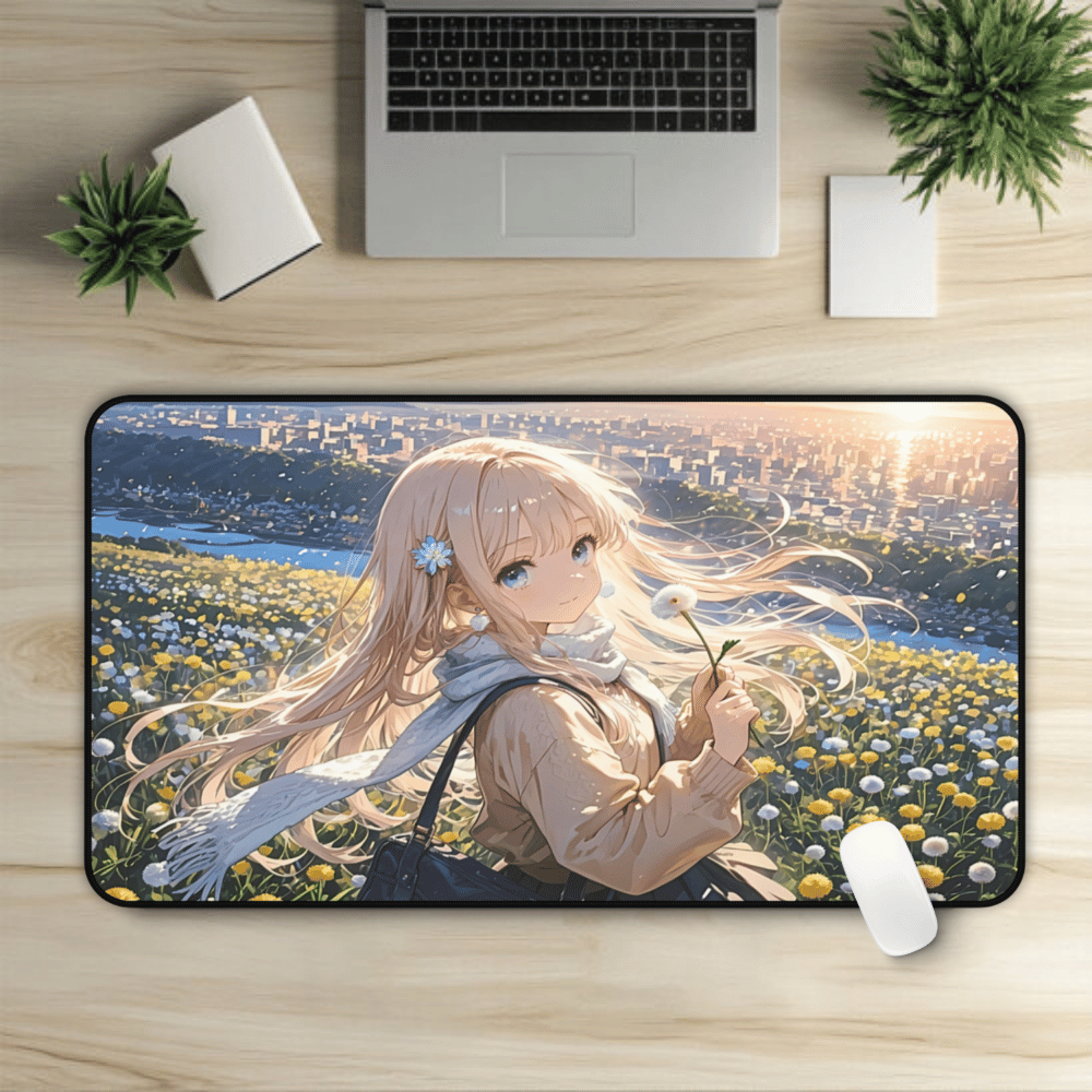Hana No Uta – Blonde Girl & Golden Petals Anime Desk Mat with anime girl art, desk mat, waifu, gamer, cute, aesthetic, anime setup, gorgeous, majestic, melancholic, young, waifu, playmat, mousepad, dandelion, long sleeve, blonde hair, hair flower, sunset, vibrant, colors