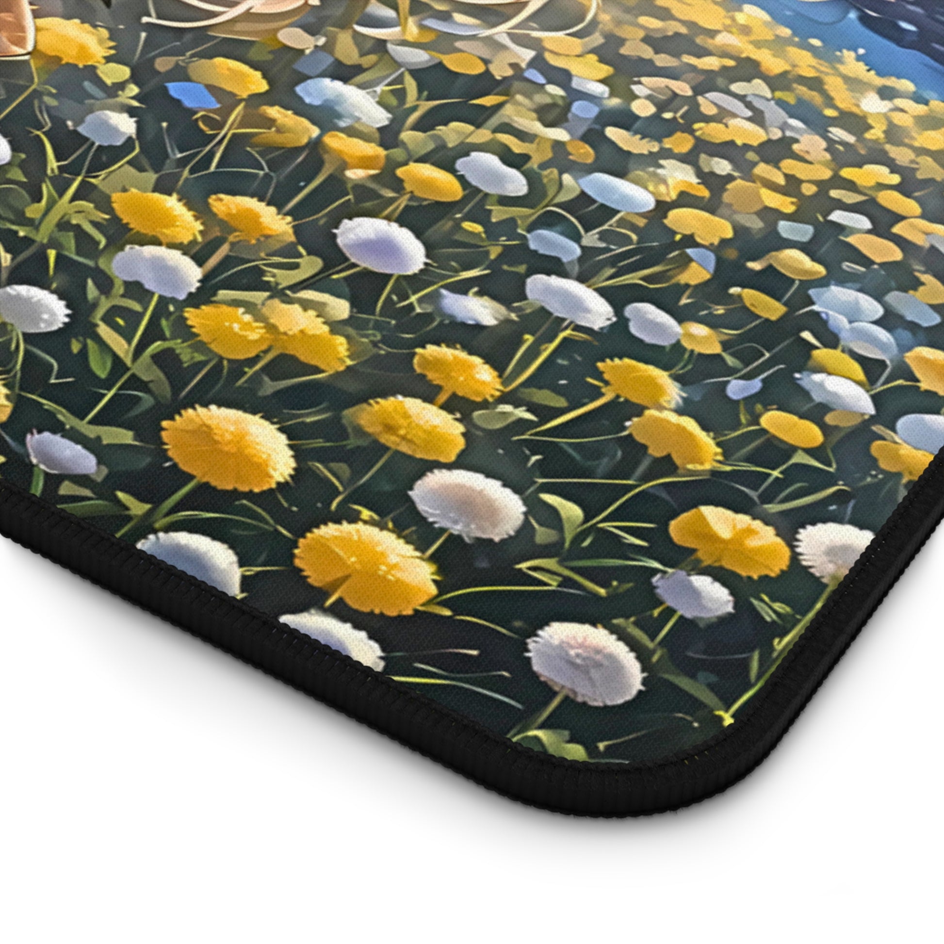 Hana No Uta – Blonde Girl & Golden Petals Anime Desk Mat with anime girl art, desk mat, waifu, gamer, cute, aesthetic, anime setup, gorgeous, majestic, melancholic, young, waifu, playmat, mousepad, dandelion, long sleeve, blonde hair, hair flower, sunset, vibrant, colors 