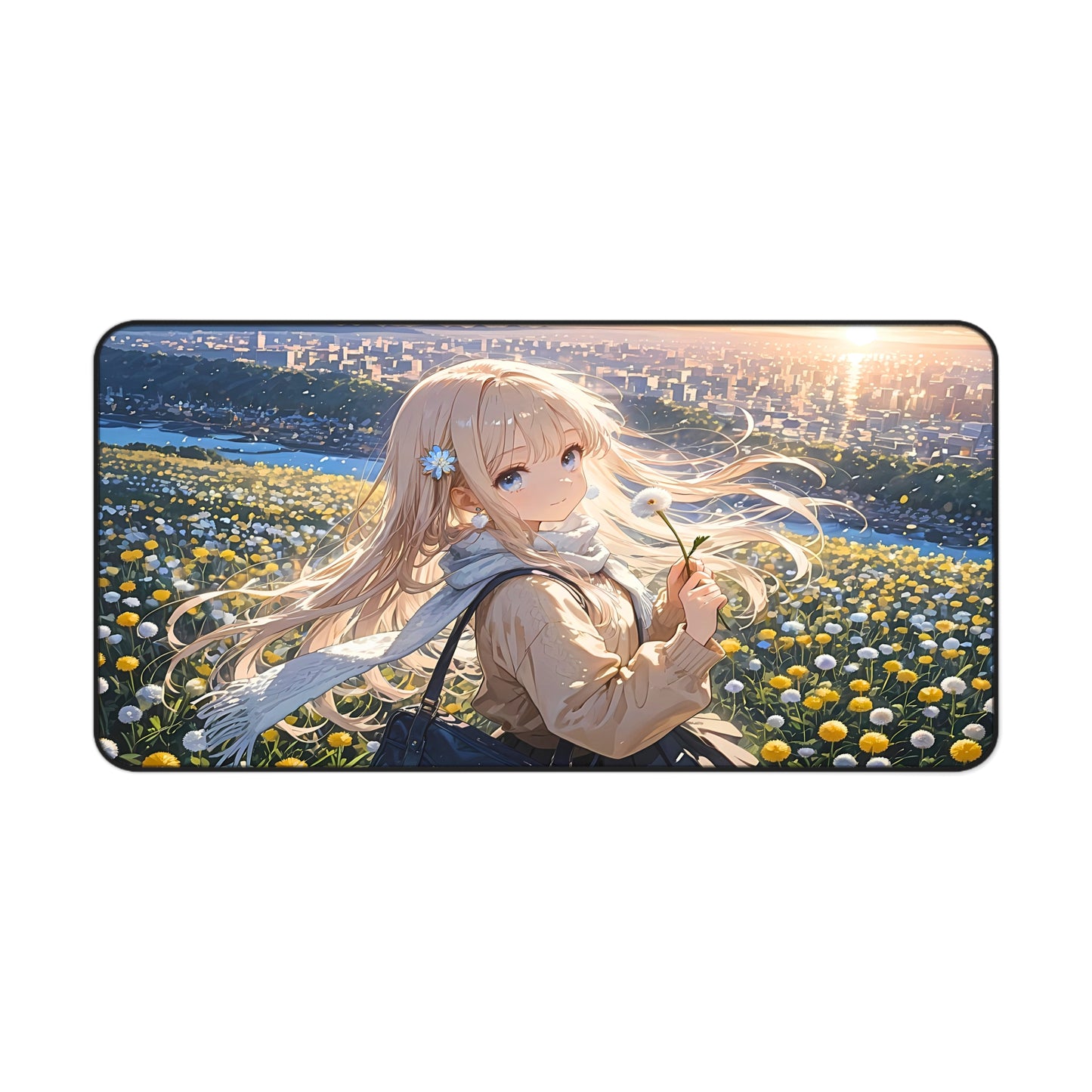 Hana No Uta – Blonde Girl & Golden Petals Anime Desk Mat with anime girl art, desk mat, waifu, gamer, cute, aesthetic, anime setup, gorgeous, majestic, melancholic, young, waifu, playmat, mousepad, dandelion, long sleeve, blonde hair, hair flower, sunset, vibrant, colors, flower girl, soft, gentle gift, anniversary present