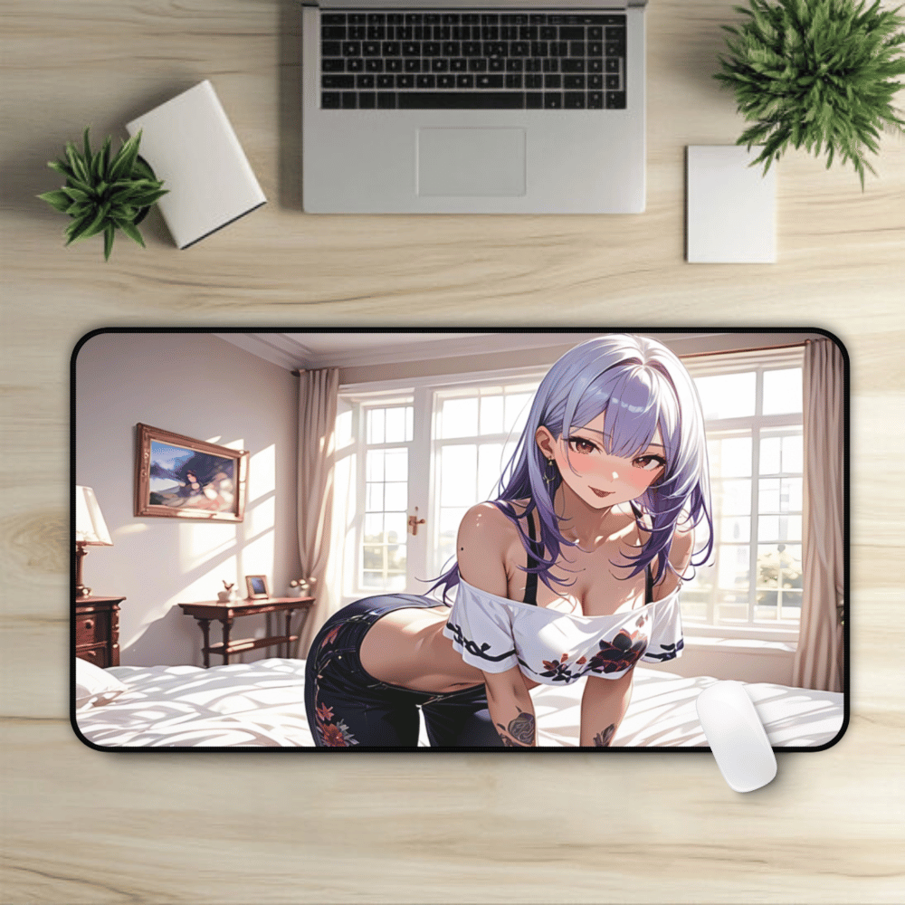 Sexy Lavender Gamer Waifu Desk Mat with anime girl art, desk mat, waifu, gamer, cute, aesthetic, hentai, lewd, large , breasts, cleavage