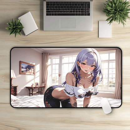 Sexy Lavender Gamer Waifu Desk Mat with anime girl art, desk mat, waifu, gamer, cute, aesthetic, hentai, lewd, large , breasts, cleavage