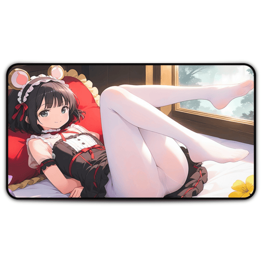 Lewd Cozy Mouse Girl Anime Desk Mat with anime girl art, desk mat, waifu, gamer, cute, aesthetic, anime setup, lewd, waifu, feet, soles, toes, foot fetish, ass, ecchi, uncensored, waifu, dress,