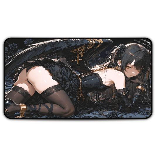 Lewd Dark Seraph Anime Girl Desk Mat with anime girl art, desk mat, waifu, gamer, cute, aesthetic, anime setup, big ass, fallen angel, hentai, ecchi, naked, bondage, angel wings, pale skin, pantyhose, black socks, stockings, melancholic, playmat, mousepad, gift, legs, lewd, artwork, fan art