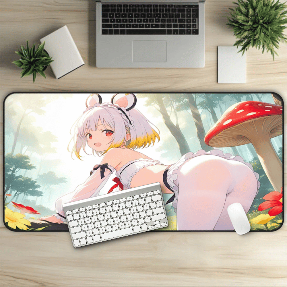 Lewd Mouse Girl In Mushroom Forest Anime Desk Mat with anime girl art, desk mat, waifu, gamer, cute, aesthetic, anime setup