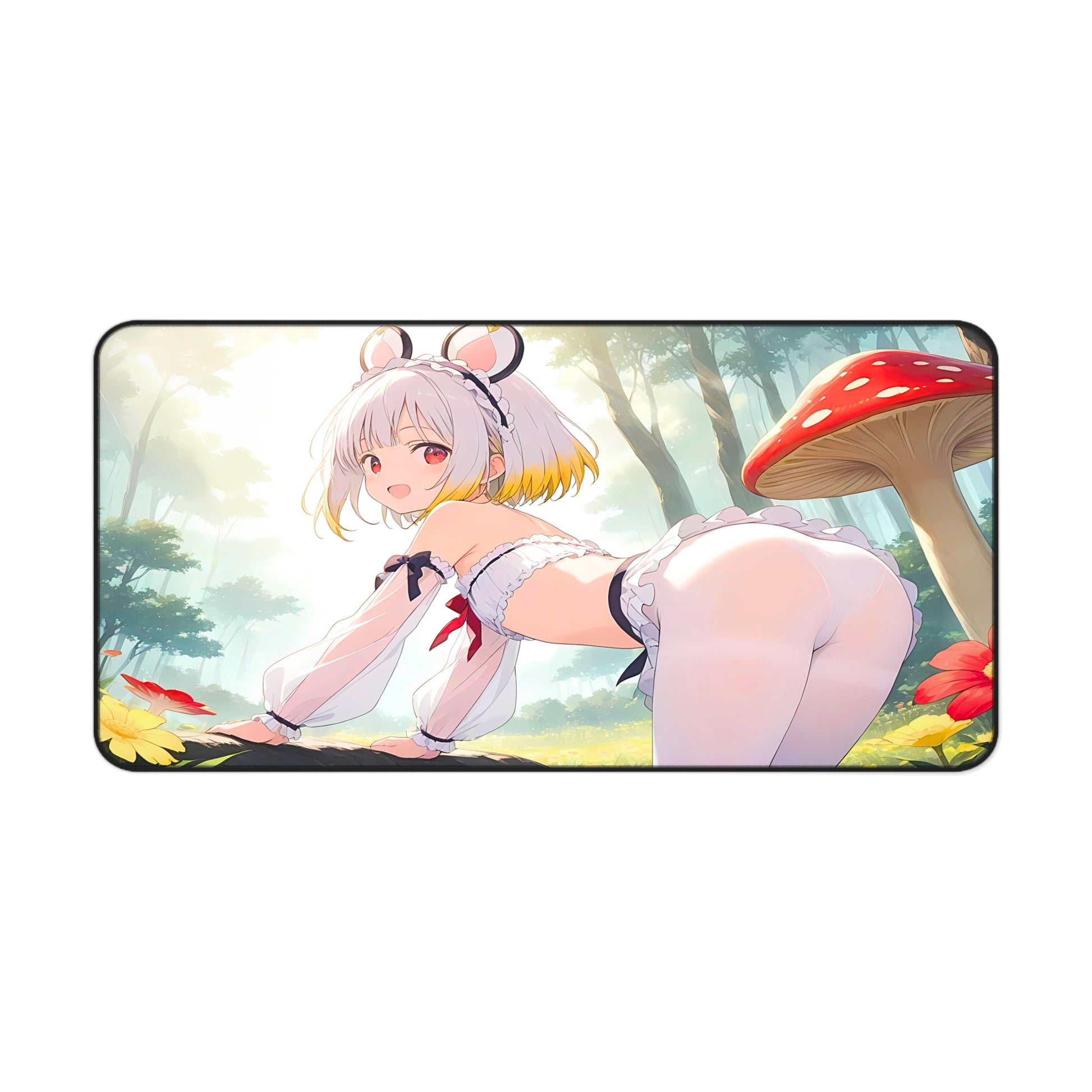 Lewd Mouse Girl In Mushroom Forest Anime Desk Mat with anime girl art, desk mat, waifu, gamer, cute, aesthetic, anime setup