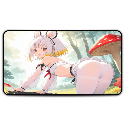 Lewd Mouse Girl In Mushroom Forest Anime Desk Mat with anime girl art, desk mat, waifu, gamer, cute, aesthetic, anime setup, hentai, big ass, white, pantyhose, flat, chest, small, breasts, white, hair