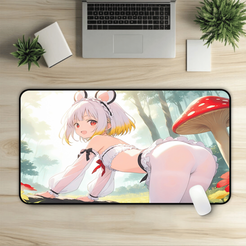 Lewd Mouse Girl In Mushroom Forest Anime Desk Mat with anime girl art, desk mat, waifu, gamer, cute, aesthetic, anime setup, hentai, lewd, waifu, naked, pantyhose, ass, round, booty, small, breasts, flat, chest