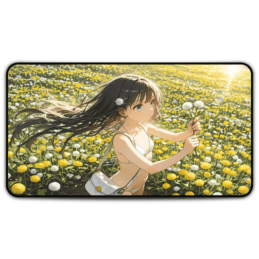 Hana no Uta – Lewd Brunette Girl & Dandelion Daydream Anime Desk Mat with anime girl art, desk mat, waifu, gamer, cute, aesthetic, anime setup, naked, waifu, loli, field of dandelions, flower girl, hair flower, holding dandelions, handbag, sunset, majestic, lighting, cinematic, desk mat, playmat, small breasts, skinny girl, young girl, underwear, naked, nude